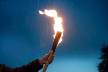 hand hold burning torch in rain. Hope and determination