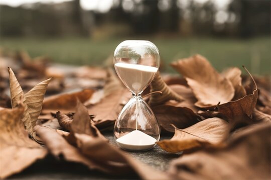 hourglass on dead leaves. Impermanence amd ending