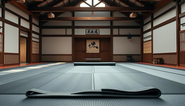Durable training mats rolled out in a traditional dojo ,  judo,   equipment