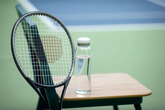 badminton racket and water bottle on chair. Sports match break moment