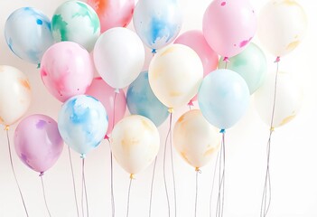 Watercolor-painted pastel balloons floating on white background,  digital art,  spring