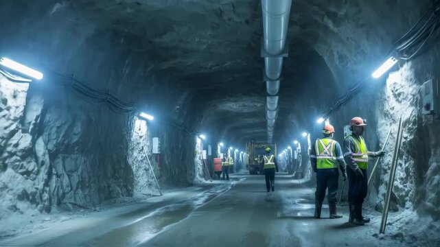 Medium shot of LED lighting fixtures illuminating deep limestone mine shafts with bright energyefficient glow enhancing worker safety and visibility.