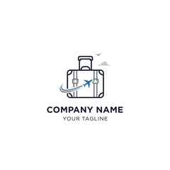 Creative travel company logo design with suitcase and airplane.
