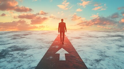 A solitary robot stands on a path of light with an upward arrow walking towards a vibrant sunset over a vast ocean symbolizing progress and the future of artificial intelligence