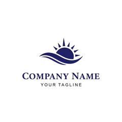 Simple blue sun rising over an ocean wave logo design.