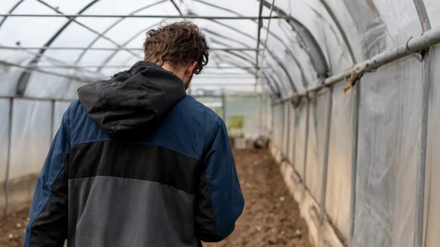 Medium shot of a scientist adjusting sensors in a soil testing kit to measure acidity and nutrient balance in a greenhouse setting.