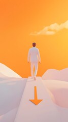 A solitary figure in a white suit walks towards a vibrant orange sky leaving a traffic cone behind on a surreal abstract landscape