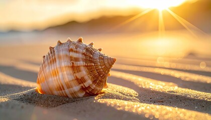 Seashell resting on rippled sand with golden sunburst shining across the beach and ocean horizon at sunrise
