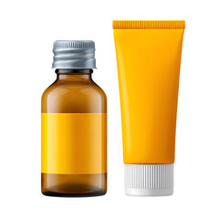 Amber glass bottle with label and orange squeeze tube on black background