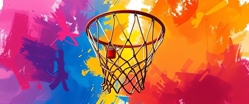 Abstract basketball hoop, vibrant hues, dynamic brushstrokes, colorful background, contemporary art, abstract expressionism