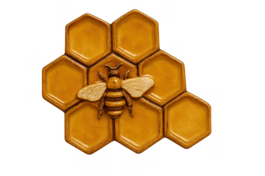 Ceramic bee sculpture with honeycomb pattern on transparent background