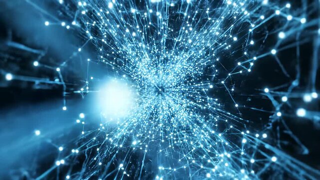 Interconnected wires with radiant blue lights create an abstract network capturing technological advancement, evoking excitement, modernity, and limitless possibility, suitable for use in.