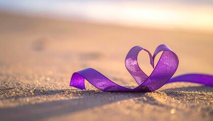 Sparkling purple ribbon shaped into a heart on a sandy beach at sunset with gentle waves and warm sunlight casting long shadows and creating a romantic atmosphere