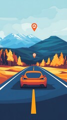 A vibrant stylized illustration of a sleek orange sports car driving down a scenic highway through autumn mountains with a clear blue sky above