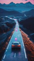 Futuristic electric sports car drives on a winding mountain road at dusk with glowing pink heart shaped lights illuminating the path forward