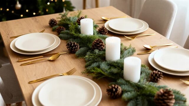 Modern Christmas Table Setup elegant modern dining table setup for christmas dinner, gold cutlery, neutral decor