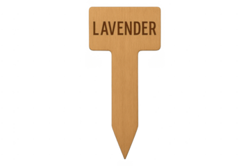 Wooden plant marker displaying lavender label on transparent background