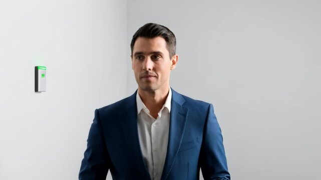 Man scans access card on wall reader for entry, turning to face camera then standing attentive. Office security and personal data protection.