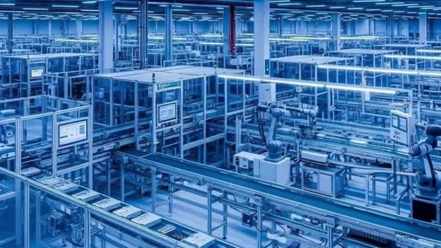 Futuristic automated factory production line with robotic arms working in a high tech facility, showing the efficiency and innovation of modern industry