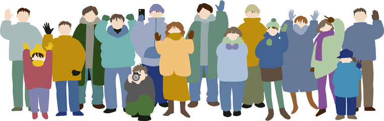 冬の街頭で手を振る人々・カラフル