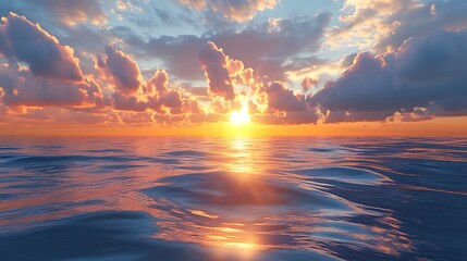Vibrant sunset over the ocean with dramatic clouds and shimmering golden light reflecting on the rippling water surface creating a serene and breathtaking natural landscape