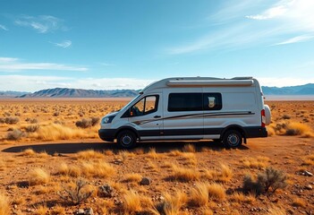 A lone campervan parked amidst a vast, empty landscape,   calm,  sky