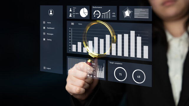 A business professional interacts with a futuristic touchscreen display, analyzing statistical data and trends with a magnifying tool for enhanced insights. Impute
