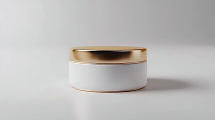 A minimalist white cosmetic jar with a luxurious gold lid sits on a clean white surface casting a subtle shadow perfect for beauty product advertising and branding