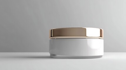 Elegant white cosmetic jar with a gold lid presented on a clean white surface with a soft gray background ideal for beauty product advertising and skincare branding