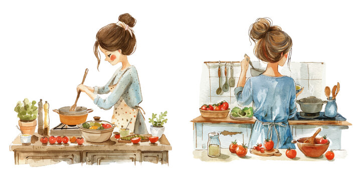 mom cooking on kitchen watercolor vector illustration