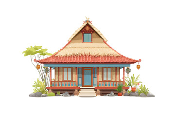 Charming traditional southeast asian house with thatched roof and lush greenery