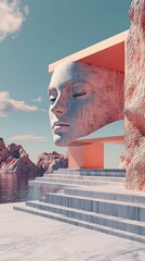 Surreal architectural structure featuring a colossal human face emerging from a building with a serene expression set against a pastel sky with clouds and a rocky landscape