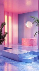 Dreamy pastel pink and blue abstract interior with water reflections and soft light creating a serene and ethereal atmosphere for product display or relaxation