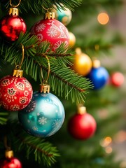 Obraz premium Close-up of colorful Christmas ornaments hanging on a green pine branch , hanging, shining