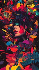 Abstract portrait of a woman s face emerging from a vibrant explosion of colorful organic shapes and textures evoking a sense of creativity and imagination