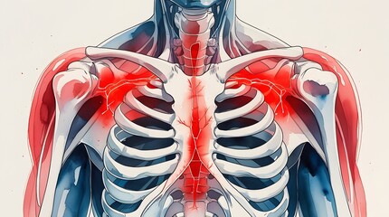 Stylized anatomical illustration of human musculoskeletal system