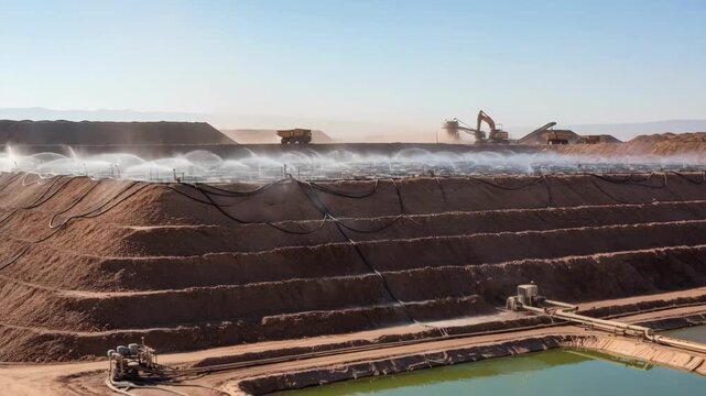Medium shot of heap leaching process with stacked ore piles and chemical solution being sprayed for mineral extraction.