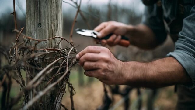 Closeup medium shot of hands tightening vineyard trellis wires with specialized tools demonstrating maintenance techniques on wooden posts.