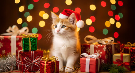 cat in santa hat with gifts
