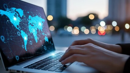 Global Network Connectivity - Hands Typing on Laptop with World Map Display. - Powered by Adobe