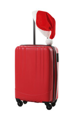 Stylish red suitcase with Santa hat isolated on white. Christmas vacation