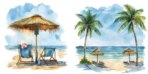 summer beach painting watercolor vector illustration