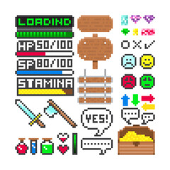 Set of pixel game icon collection on white background with Weapons and Power Ups.