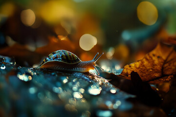 A snail moving across a wet leaf, with dewdrops magnifying its slimy trail