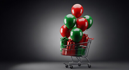 Christmas Shopping Cart Filled with Presents and Balloons Festive Celebration