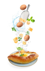 Khachapuri and falling ingredients on white background