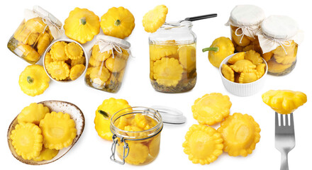 Marinated pattypan squashes isolated on white, set