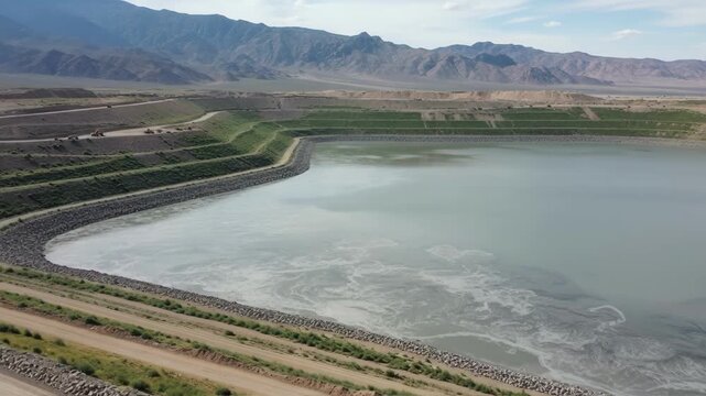 Medium shot of large tailings pond with engineered earth embankments securing processed mining residue safely