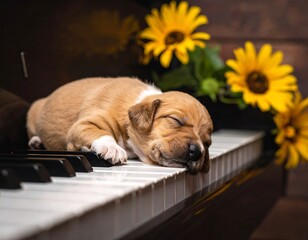 Sleeping puppy on piano keys, sunflowers in the background