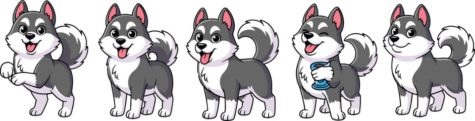 Cartoon husky dog poses, gray and white coat, playful pet illustration, happy expressions, character design, animal clipart, cute puppy set, dog actions